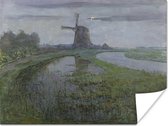 Oostzijdse molen aan het Gein bij maanlicht - Schilderij van Piet Mondriaan Poster 80x60 cm - Foto print op Poster (wanddecoratie woonkamer / slaapkamer)