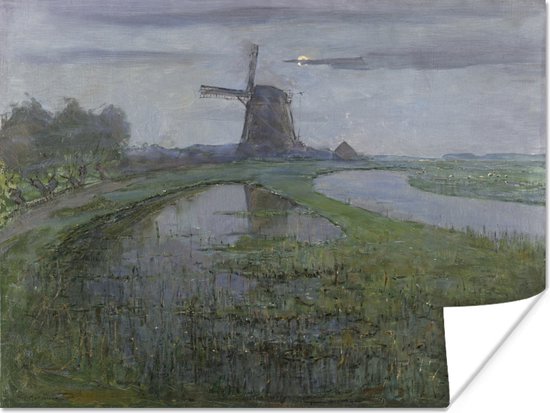 Foto: Oostzijdse molen aan het gein bij maanlicht schilderij van piet mondriaan poster 80x60 cm foto print op poster wanddecoratie woonkamer slaapkamer 