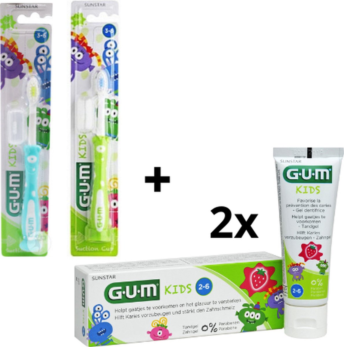 Goedkoopste GUM Kids 2 jaar Voordeelpakket - 2x Tandpasta 50 ml 2x Tandenborstel (groen/blauw