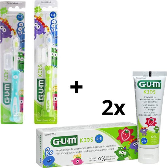 GUM Kids 3-6 jaar Voordeelpakket - 2x Tandpasta 50 ml + 2x Tandenborstel (groen/blauw)