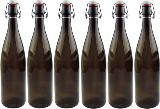 6 x bruine glazen fles 1 liter met biegelluiting van porselein, incl