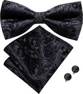 Vlinderdas inclusief pochet en manchetknopen - 100% zijden - Paisley - zwart - vlinderstrik - strik - pochette - heren