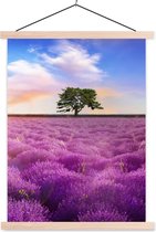 Posterhanger incl. Poster 60x80 cm - Schoolplaat - Lavendel - Boom - Zonsondergang - Paars - Textielposter - Blanke latten