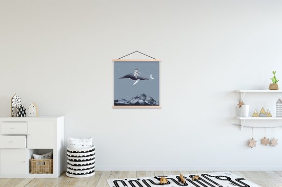 Posterhanger incl. Poster 40x40 cm - Schoolplaat - Ruimte - Jongen - Maan - Walvis - Textielposter - Blanke latten