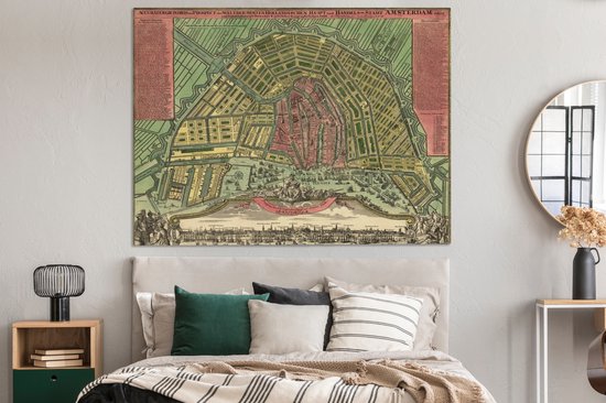 Plan de la ville historique de la toile néerlandaise d' Amsterdam - Plan d'étage 160x120 cm - Tirage photo sur toile (Décoration murale salon / chambre) XXL / Groot format!
