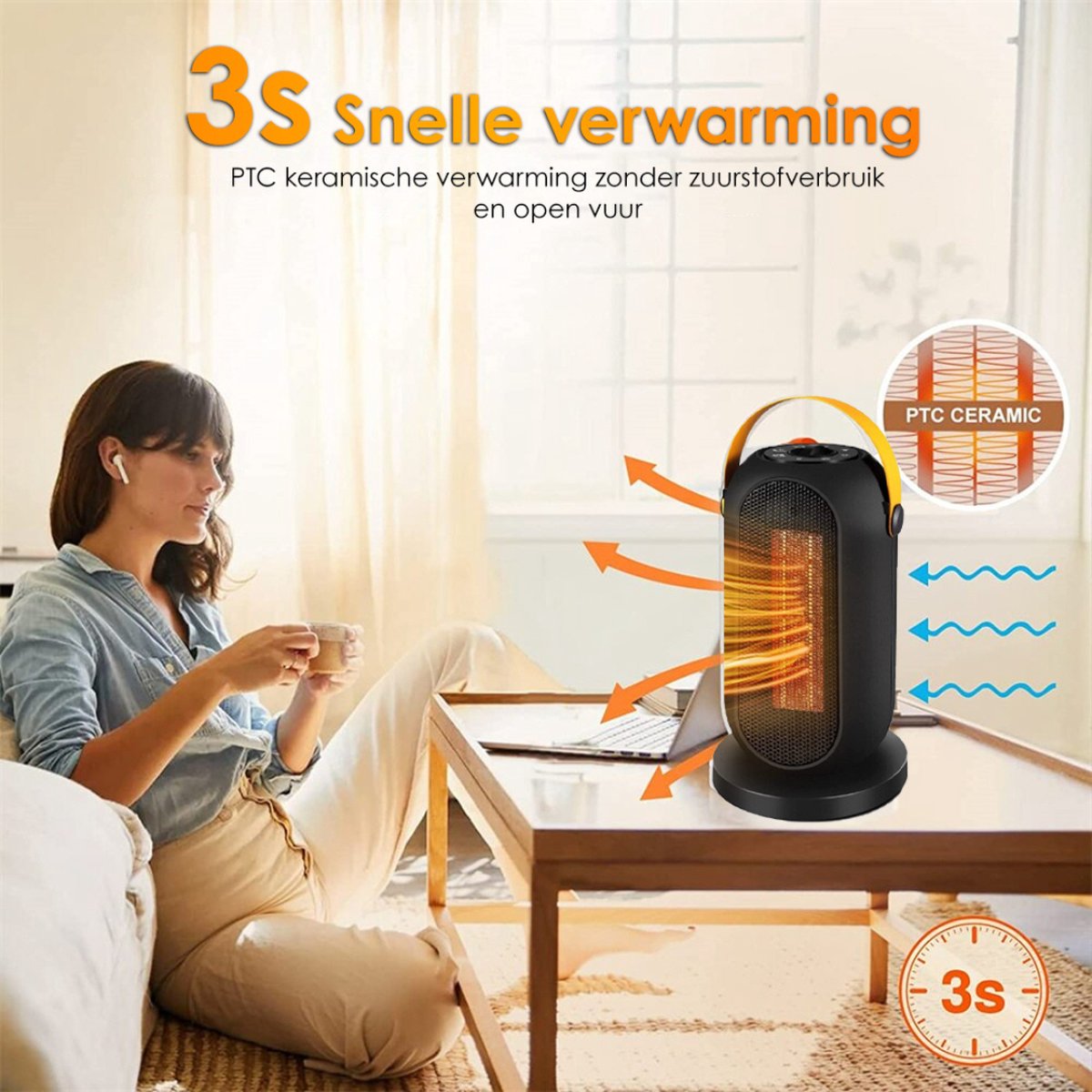 Bolture Elektrische Straalkachel - Ventilatorkachel - Keramische Kachel Met Ventilator - Infrarood - Energiezuinig - 1500W - Zwart – foto 4