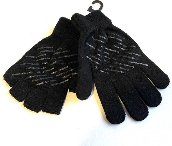 Zwarte wanten met grijze strepen op de handpalm. Vingers zijn open.