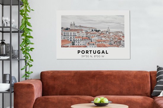 Tableau Peinture Portugal - Europe - Rouge - Skyline - 140x90 cm - Décoration murale