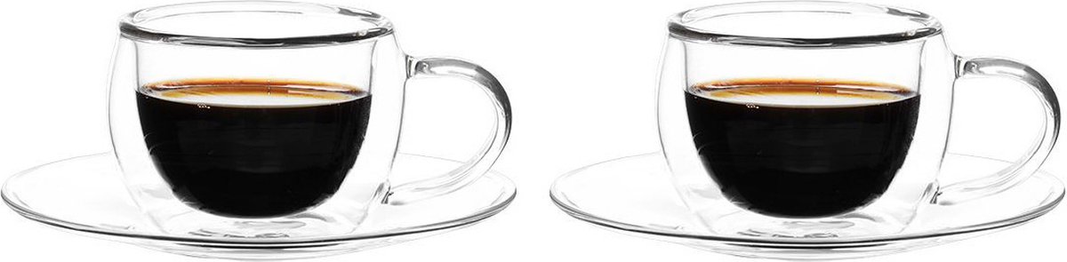 Dubbelwandige Glazen met Schotel - 140ml - Set van 2 - Koffieglas - Turkse Koffieglazen en onderzetters