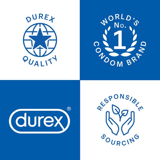 Durex logo's: Kwaliteit, Wereld's Nr 1 condoommerk, verantwoord inkopen en het Durex logo.