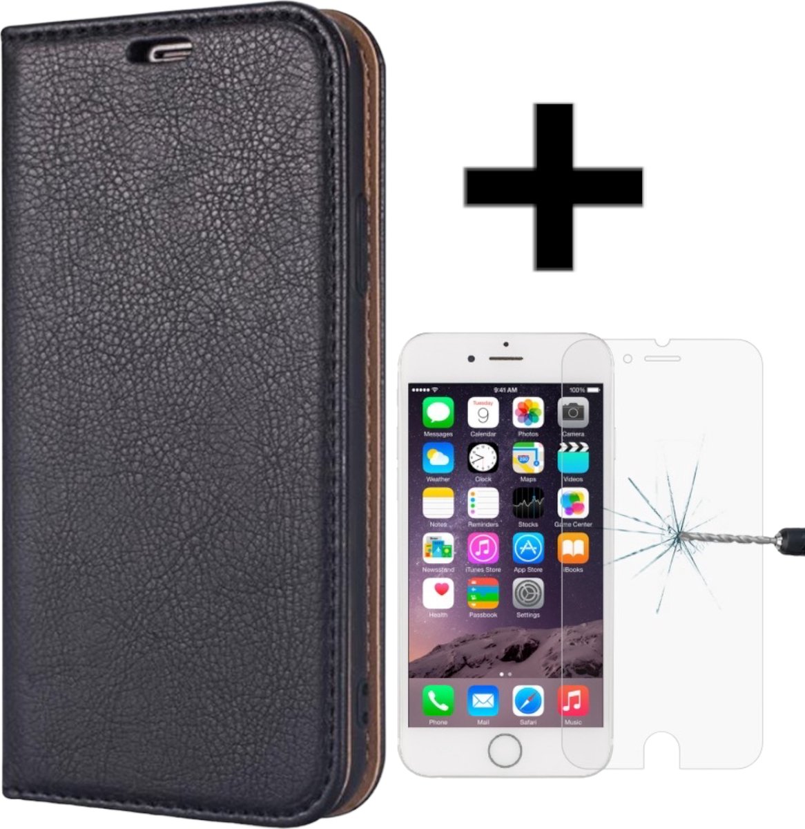 Magnetische Wallet case/hoesje Geschikt voor Apple iPhone 6/6S + gratis protector Zwart