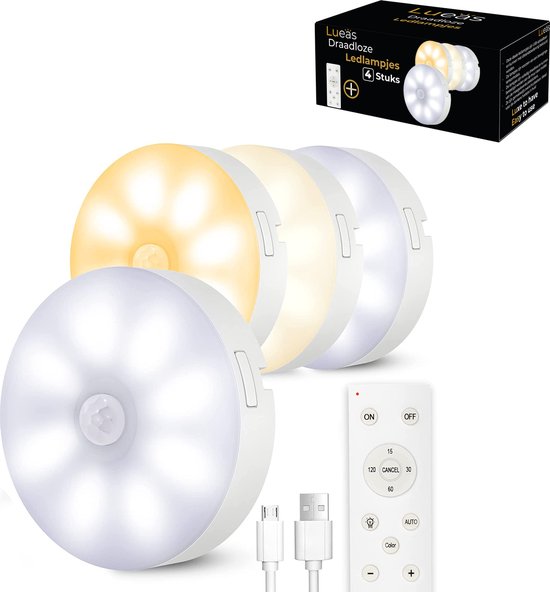 Lueas® - Lot de 4 lampes LED sans fil avec télécommande - Rechargeable -  Wit chaud et... | bol