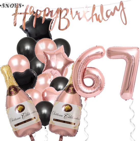 67 Jaar Verjaardag Cijferballon 67 - Feestpakket Snoes Ballonnen Pop The Bottles - Rose Zwart Versiering