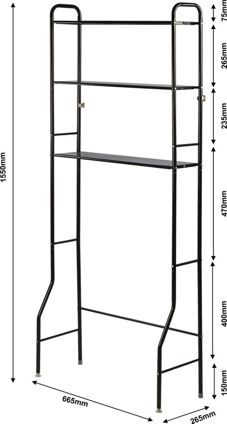 Wasmachine opbergrek zwart - Badkamerrek - Wasmachine ombouw - Opbergrek voor wasmachine - Wasmachine kast - Wasmachine meubel met 3 schappen - 26.5 x 66.5 x 155cm