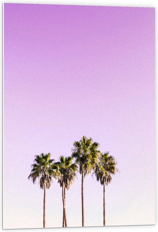PVC Schuimplaat- Vier Hoge Smalle Palmbomen op Pastelroze Achtergrond - 60x90 cm Foto op PVC Schuimplaat