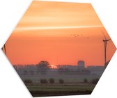 PVC Schuimplaat Hexagon - Zonsondergang bij Windmolens in het Veld - 80x69.6 cm Foto op Hexagon (Met Ophangsysteem)