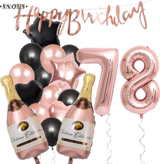78 Jaar Verjaardag Cijferballon 78 - Feestpakket Snoes Ballonnen Pop The Bottles - Rose Zwart Versiering