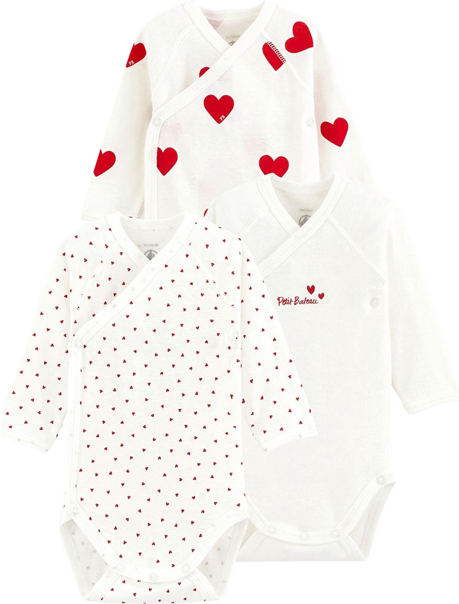 Petit Bateau Set van 3 rompertjes met rode hartjes en lange mouwen Meisjes Rompertje - Wit/Rood + Wit/Rood + Wit
