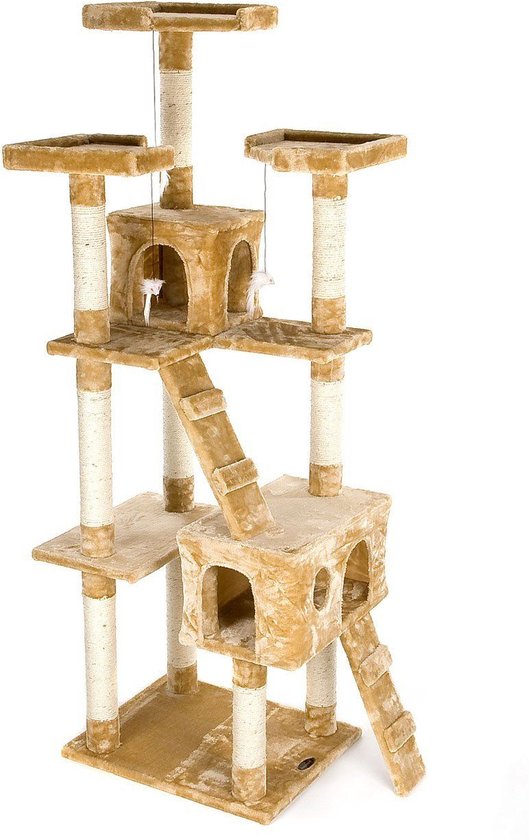 Arbre à chat beige à plusieurs niveaux avec plateformes, cordes à gratter et jouets, 50 x 50 x 170 cm.