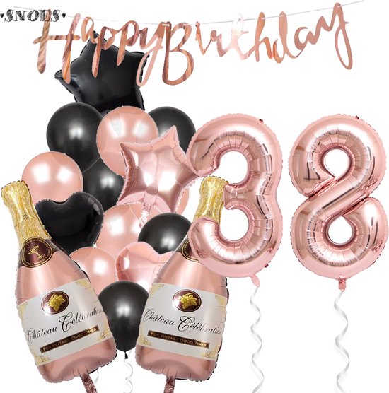 38 Jaar Verjaardag Cijferballon 38 - Feestpakket Snoes Ballonnen Pop The Bottles - Rose Zwart Versiering