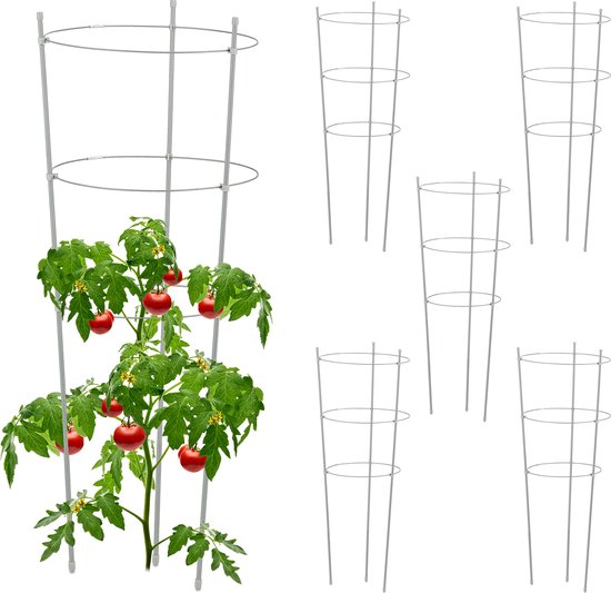 Plantensteun 6-delige set klimplanten - metaal kunststof - 76 cm - verstelbare ringen - tomatensteun - grijs - tuinaccessoires plantensteun halfronde