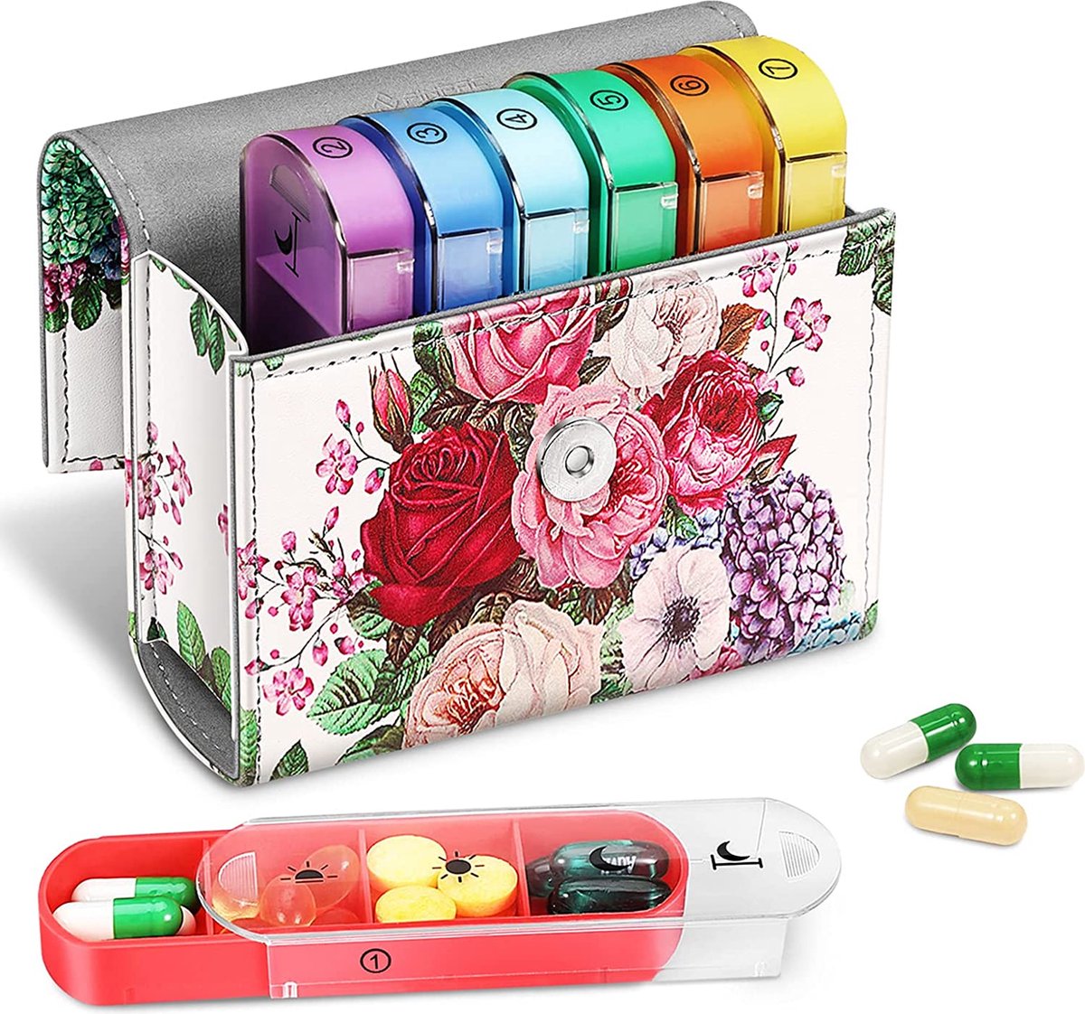 Tablettenbox 7 dagen 4 vakken - pillendoos 4 keer per dag met kunstleren tas en naamkaart medicijnbox voor pillen, vitamine visolie voor 's ochtends 's middags, 's avonds, bloementuin