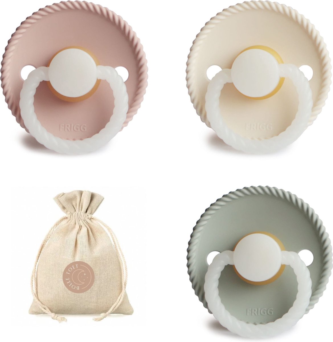 Goedkoopste Frigg Rope - t1 - 0-6 maanden - Glow in the dark Blush, Sage en Cream night - spenen - speen - fopspeen - BolleToet speenzakje