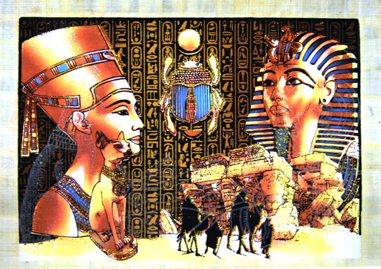 Egyptische papyrus met afbeelding van Nefertiti en Toetanchamon
