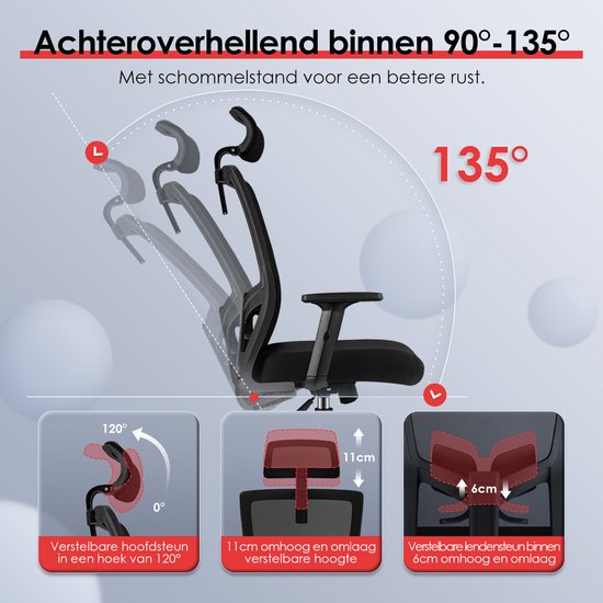 Elekiatech Ergonomische Bureaustoel - Bureaustoel - Bureaustoelen voor Volwassenen - met Verstelbare Hoofdsteun, Armleuningen en Lendensteun - 150 Kg - Zwart