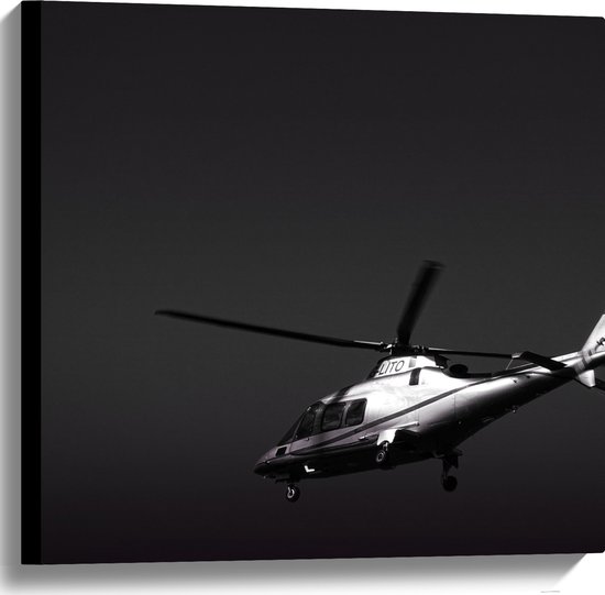 WallClassics - Canvas - Vliegende Helikopter in Zwart Wit - 60x60 cm Foto op Canvas Schilderij (Wanddecoratie op Canvas)