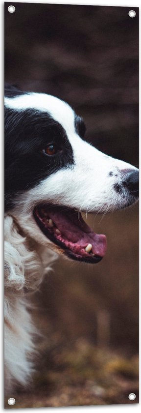 WallClassics - Tuinposter – Zwart Witte Hond met open Mond - 40x120 cm Foto op Tuinposter (wanddecoratie voor buiten en binnen)