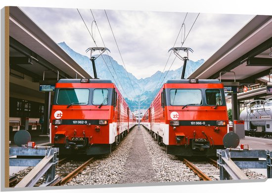 WallClassics - Hout - Twee Treinen bij Station - 120x80 cm - 9 mm dik - Foto op Hout (Met Ophangsysteem)