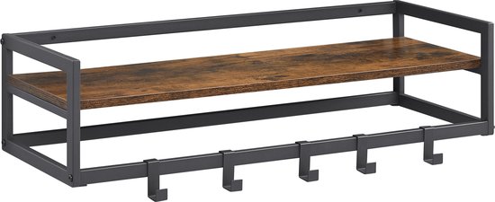 MIRA Home - Industriële Wandkapstok - Houten Plank en 6 Haken - Zwart Metalen Frame - 80cm Breed