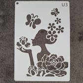 Stencil, Vrouw met bloemen, A5, kaarten maken, scrapbooking, sjabloon, knutselen, herbruikbaar