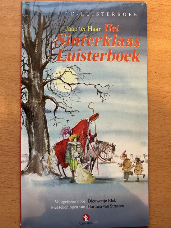 Boekhoes van "Het Sinterklaasluisterboek" met Sinterklaas op een paard in een winters landschap.