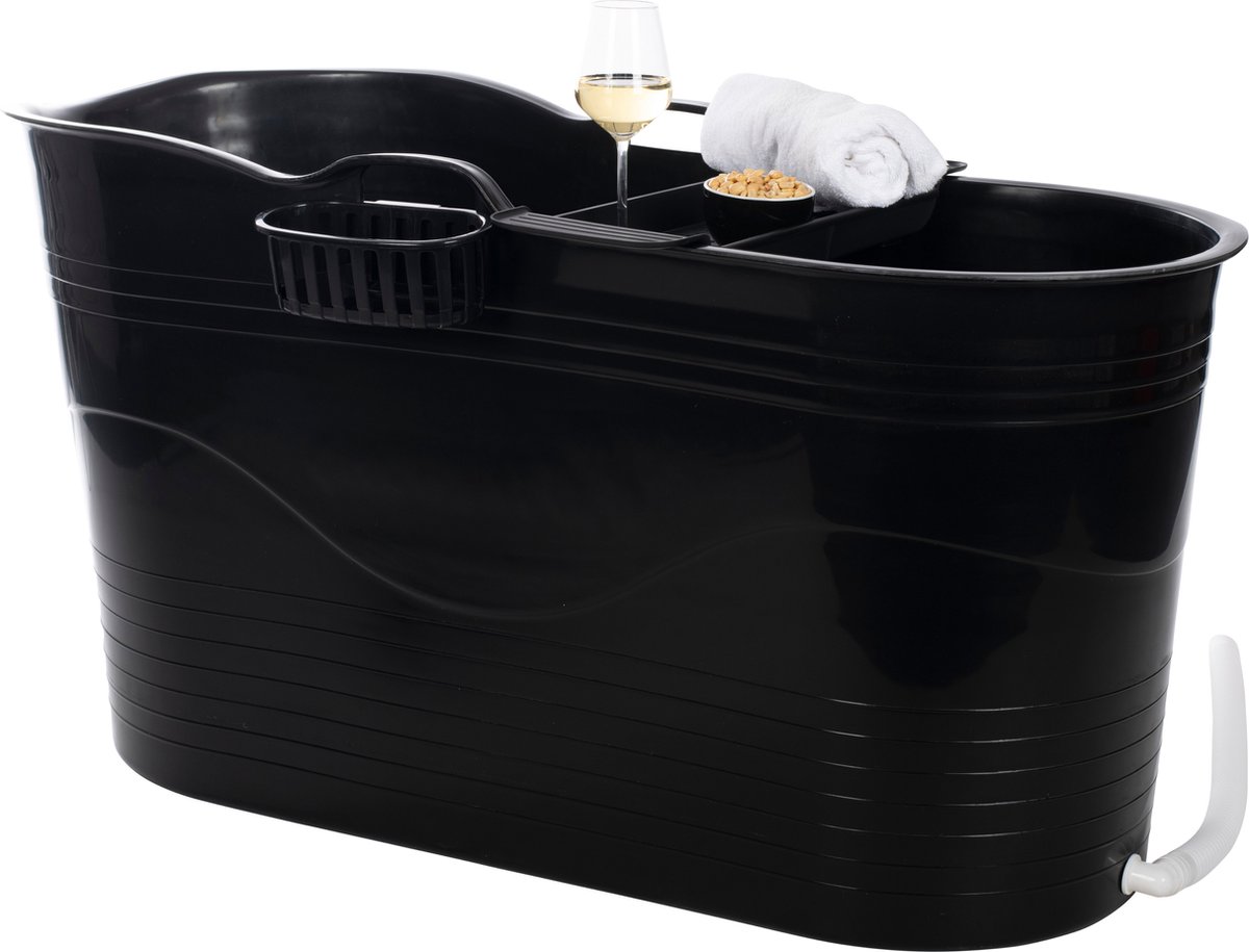 HelloBath® - Bath Bucket - L - 100 cm - Zwart - Zitbad - Ligbad (Verzending in Doos) - incl. Badplank en Kraantje
