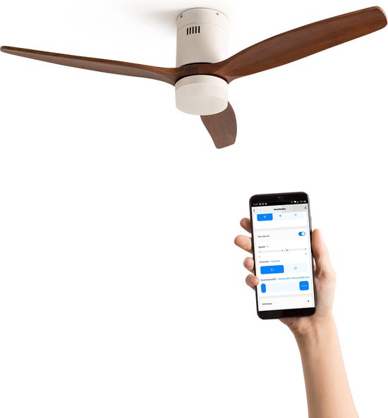 Plafondventilator 40W Ø132cm met verlichting 3 kleuren, wifi, afstandsbediening, timer, zomer/winterfunctie, stil