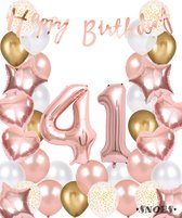 Snoes Ballonnen 41 Jaar Rose Gold White Dots - Compleet Feestpakket met cijfer ballon 41 jaar - Verjaardag Versiering Slinger Happy Birthday – Folieballon – Latex Ballonnen - Helium Ballonnen - Rose Feestpakket