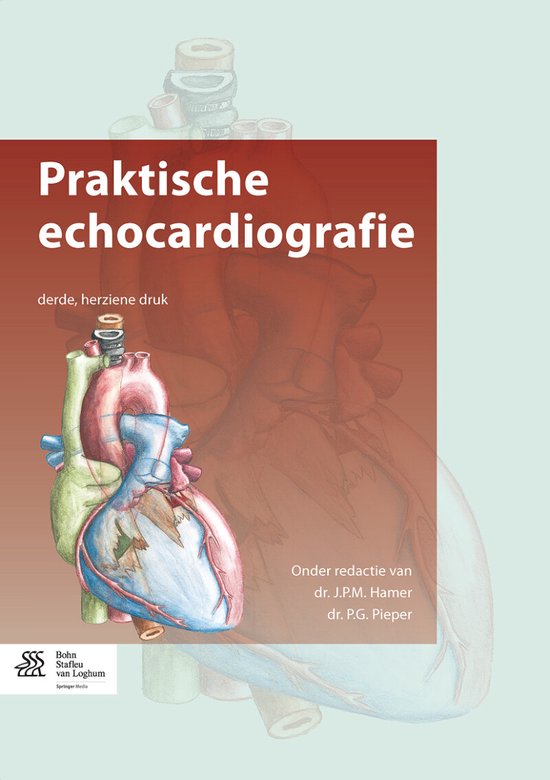 Couverture de livre avec illustration d'un cœur. Titre : Praktische echocardiografie. Troisième édition révisée.