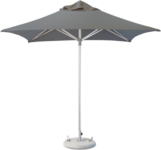 Antracietkleurige vierkante parasol met aluminium frame en voet.