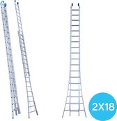 Eurostairs Opsteek ladder dubbel uitgebogen 2x18 sporten + gevelrollen