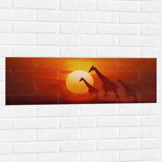 Muursticker - Zonsondergang Silhouet van Giraffen - 90x30 cm Foto op Muursticker