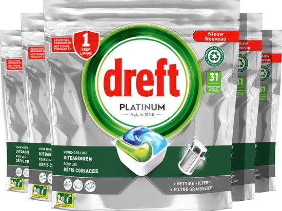 Dreft Platinum All In One - Capsules pour lave-vaisselle - Original - Pack économique 5 x 31 capsules