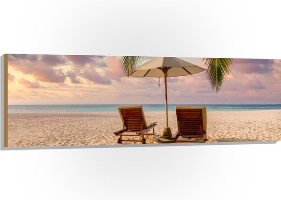 Hout - Twee Ligbedden op het Strand met Palmboom - 150x50 cm - 9 mm dik - Foto op Hout (Met Ophangsysteem)