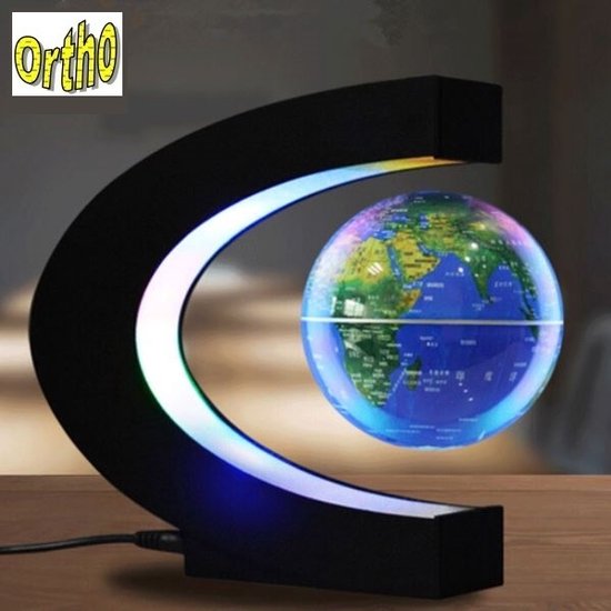 Support noir en forme de C avec un globe flottant. L'Asie et l'Océanie sont visibles. Le support est doté d'un éclairage LED.