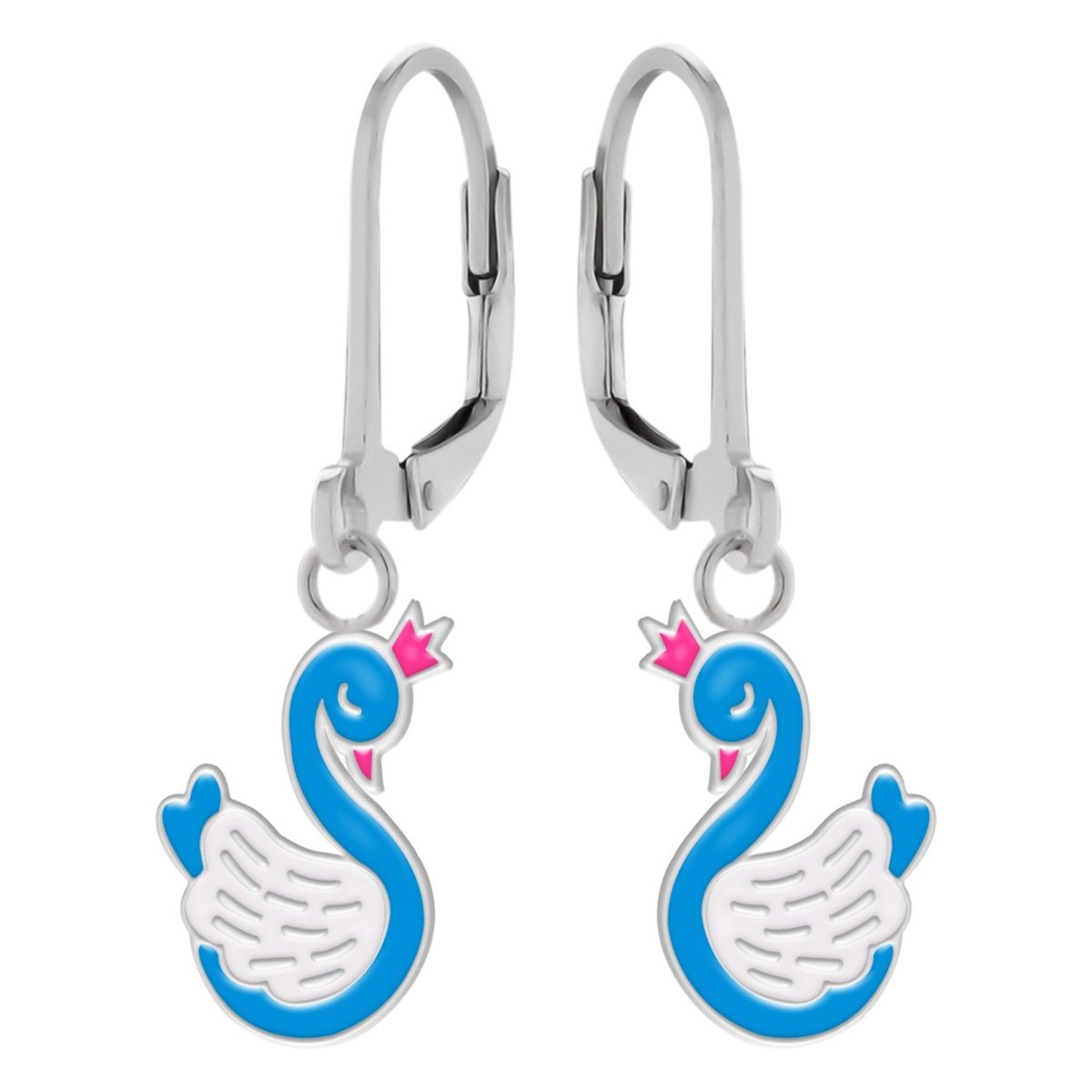 Oorbellen meisje | Zilveren kinderoorbellen | Zilveren oorhangers, blauwe zwaan met roze kroontje