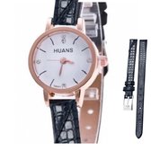 Horloge- Huans- Zwart- Leer- Krokodillenlook-2 cm- Smalle pols-Charme Bijoux