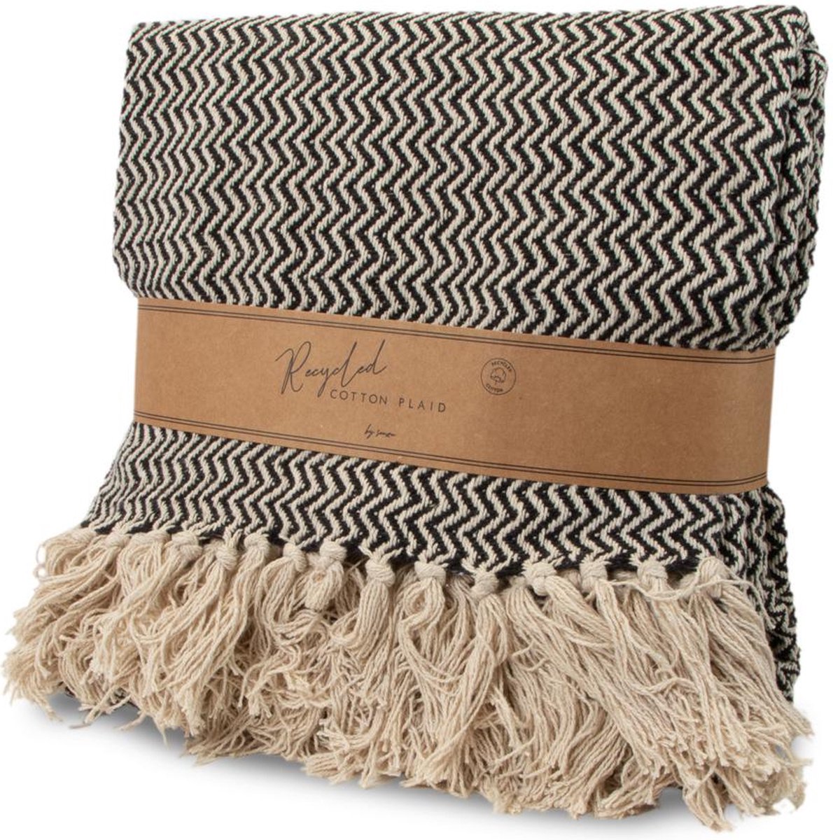 SENZA Plaid - Deken - Visgraat motief - Recycled Katoen - 180 x 130 cm - Zwart
