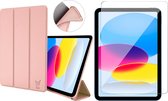 Hoes met Screenprotector geschikt voor iPad 2022 10.9 inch 10e Generatie - Trifold Smart Cover Book Case Leer Tablet Hoesje Roségoud + Gehard Glas Screen Protector