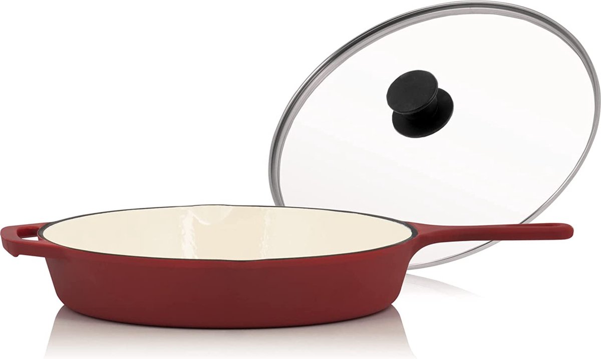 Mahlzeit Gepolijste gietijzeren pan met deksel 29,5 cm braadpan met twee schenktuiten, grillpannendeksel, universele pan, vuurpan, gepolijste gietijzeren pan, met deksel